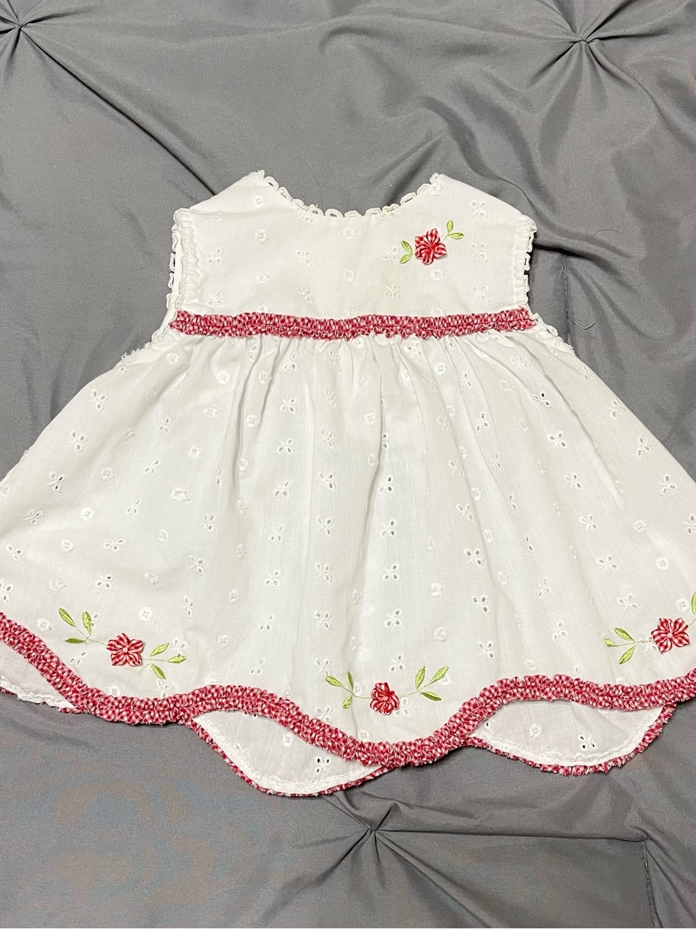 Vintage 90s Little Bitty Baby Girl White Eyelet Gingham Floral Dress